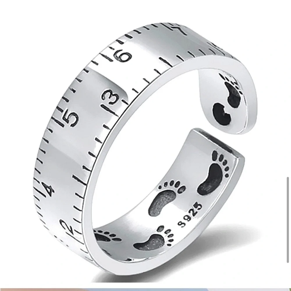 Sterling Silver Ruler Design Bangle Cuff Bracelet Matching Ring Set